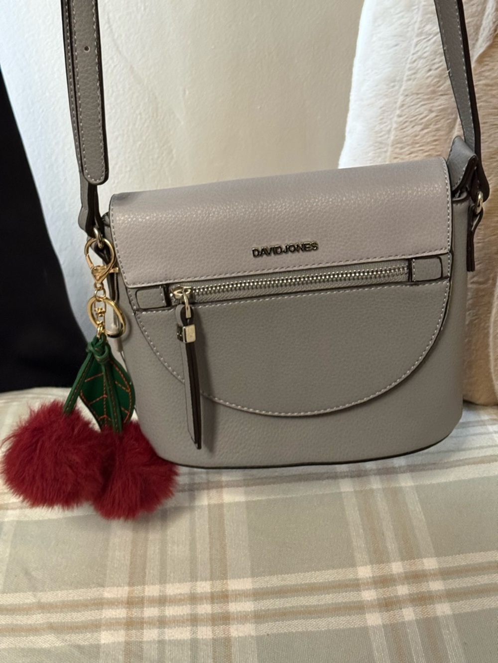 David Jones Paris Grey Pebble Crossbody Bag + Cherry Charm - Picture 2 of 6